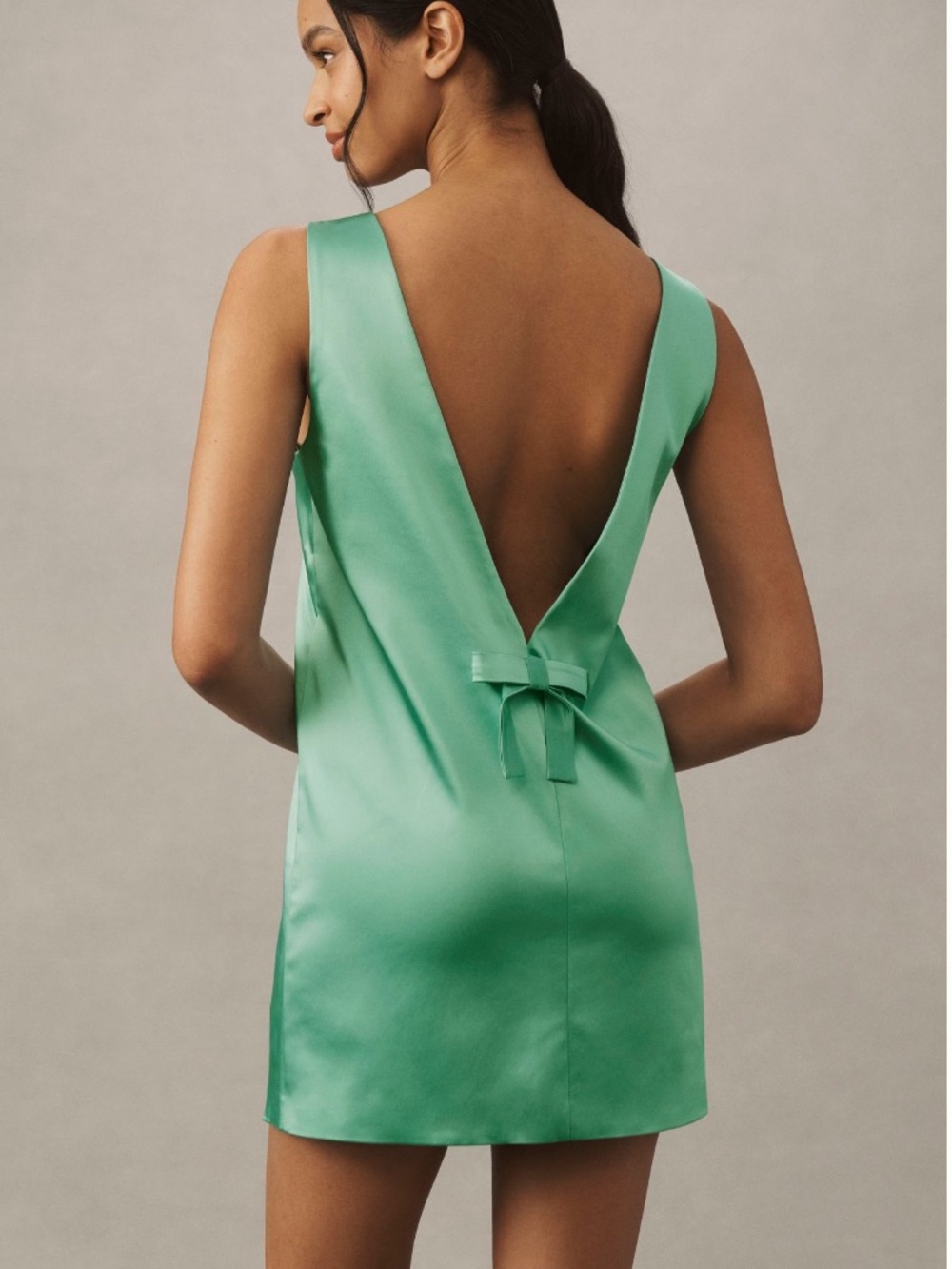 BHLDN Zara Square Neck Bow Detail Low Back Satin Mini Dress in Bright Jade Med